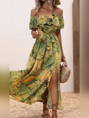 Off-Shoulder Ruffled Top Elastic Waist Dress Women 12